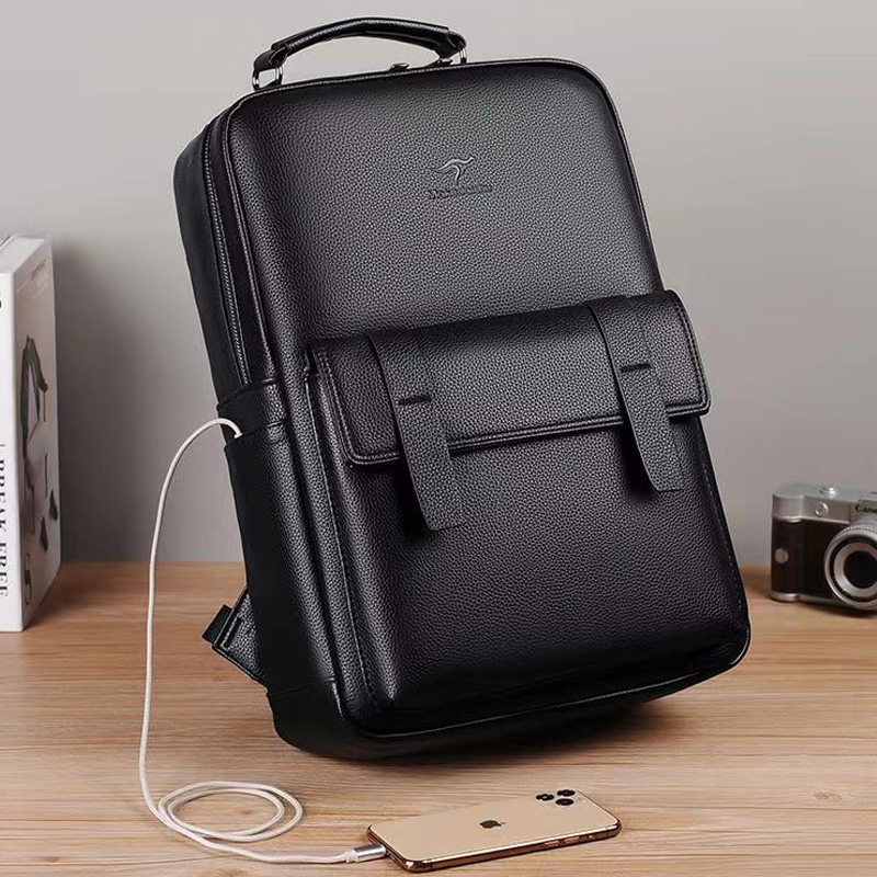 Luxury Bags With Zipper - Men's luxury leather backpack with USB